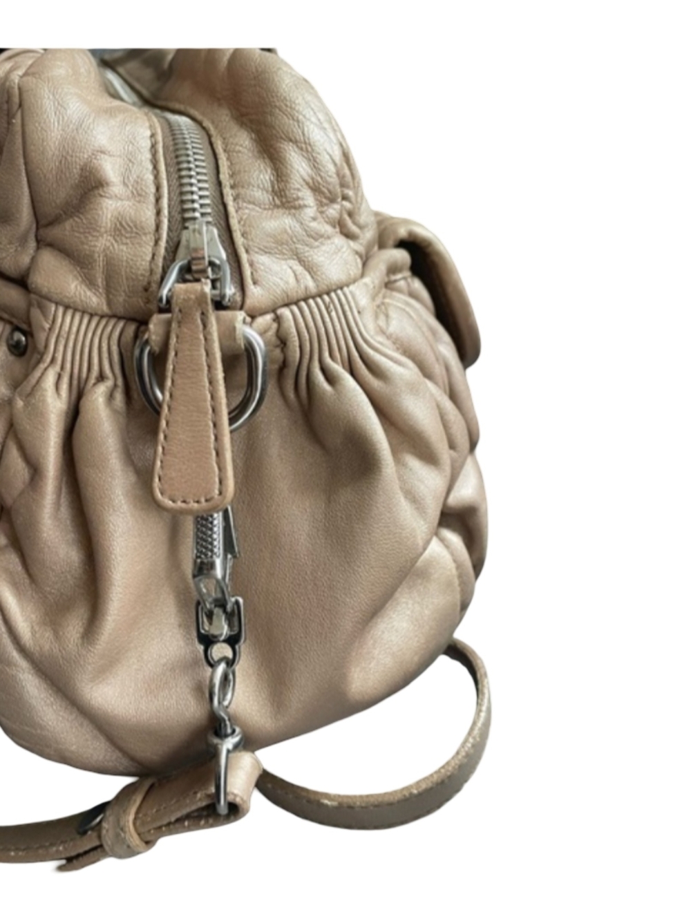 Miu Miu Matelasse Taupe Quilted Ruched Leather Satchel Shoulder Bag Purse Soft - Picture 4 of 16